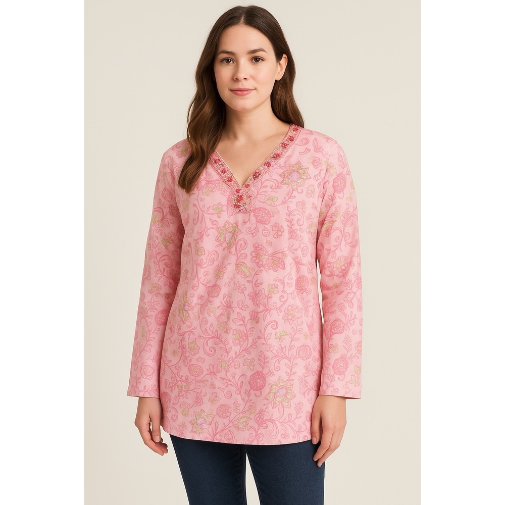 Signature Studio Top Women's Size XL Long Sleeve Pink Paisley‎ V Neck Sequin